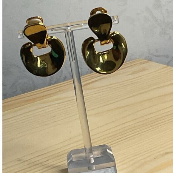 Vintage Gold Tone Clip-On Articulating Dangle Earrings Retro Style Dome Design - Picture 2 of 6